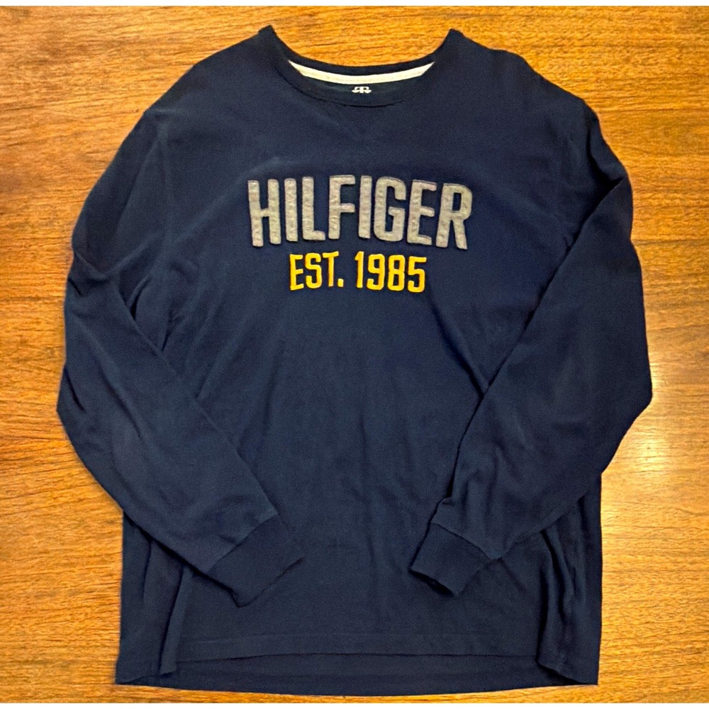 Y2K Tommy Hilfiger Terry Plush Spellout Logo Long Sleeve Men XL Vintage Preppy